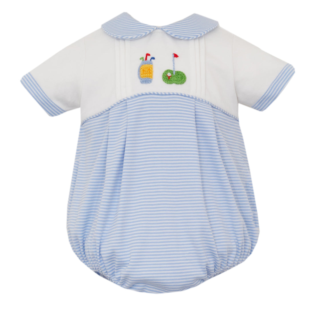 Baby romper with blue and white stripes and embroidered designs on a white background