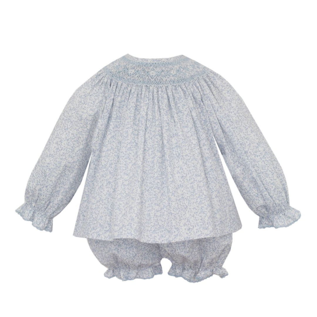 Baby outfit with long-sleeve top and bloomers on a white background