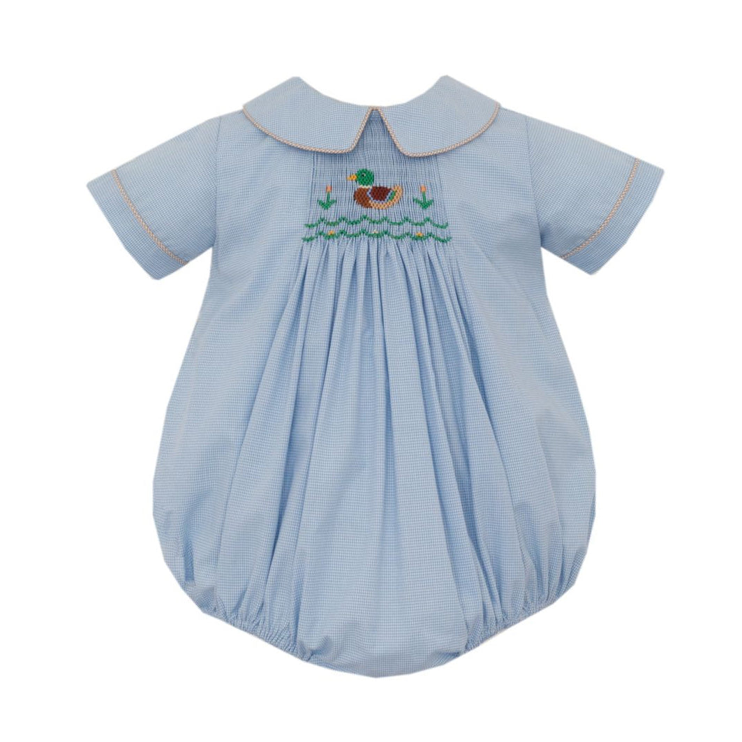 Light blue baby romper with embroidery on a white background