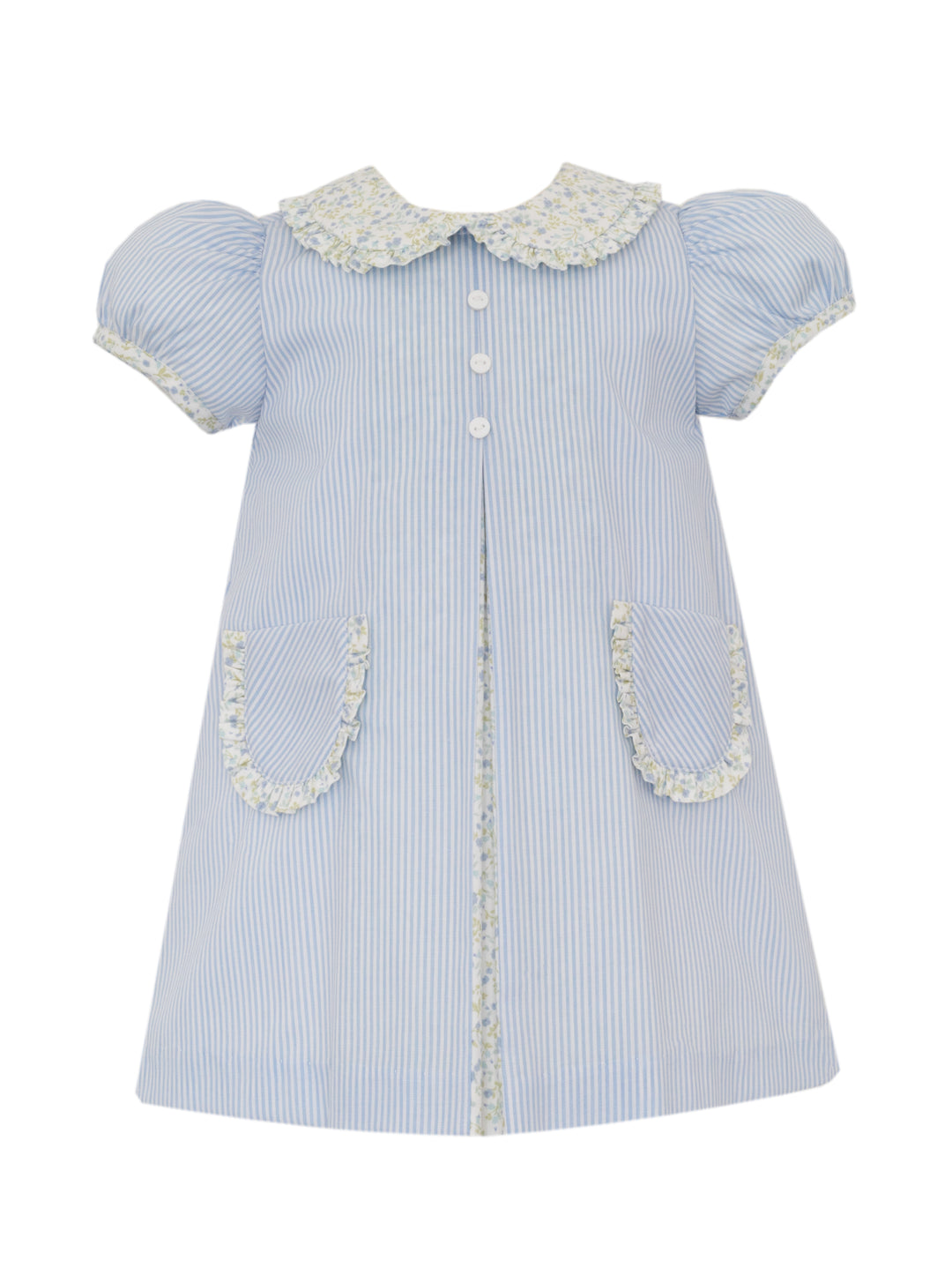 Light blue dress with white lace details on a white background