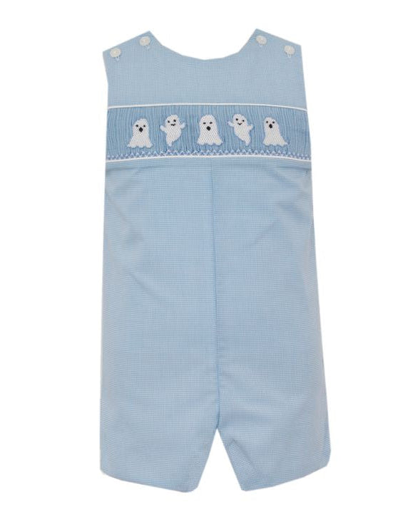 A light blue baby romper with a smocked chest panel featuring white cartoon ghosts, shown alongside a circular detail inset of the smocking.