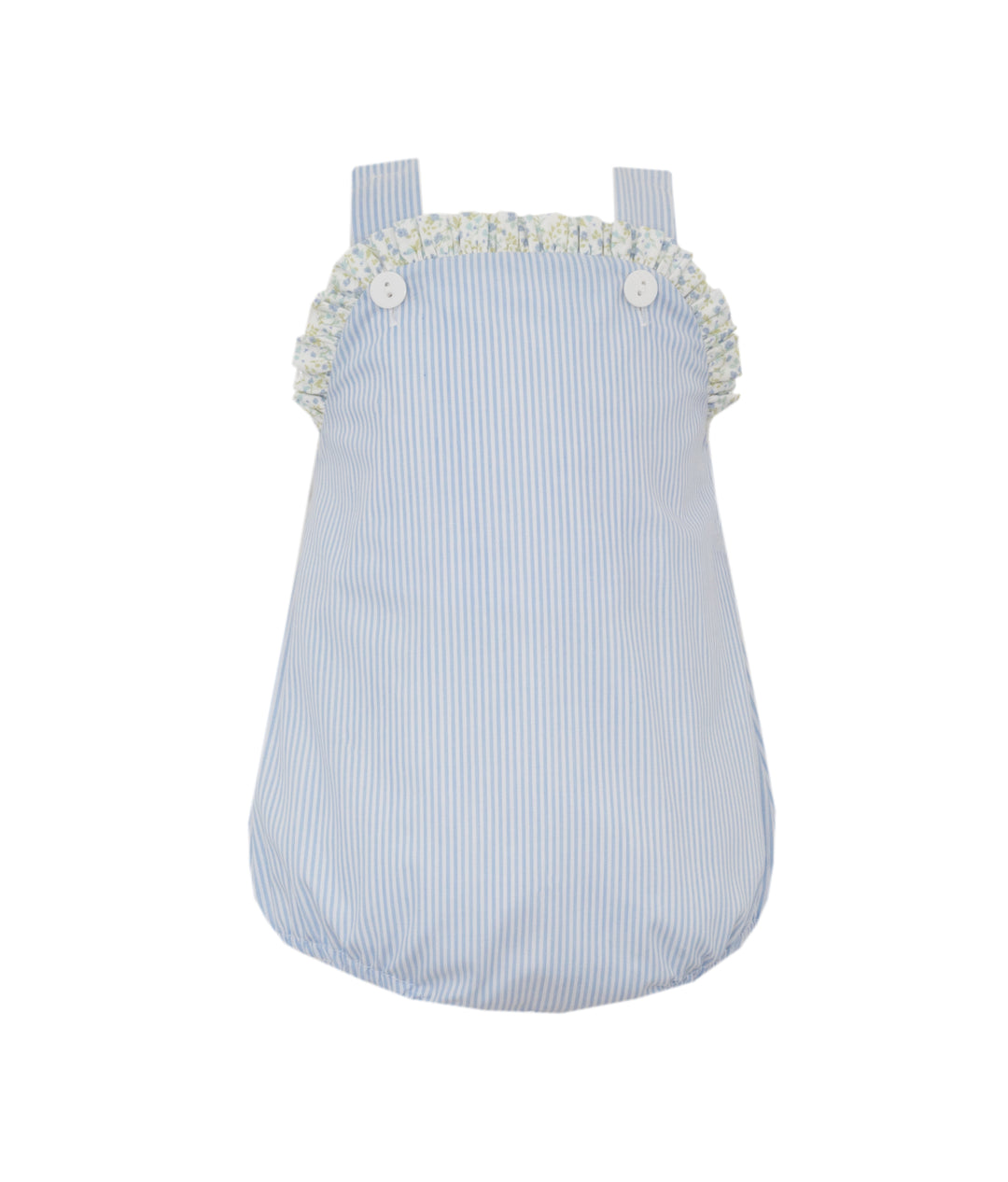 Light blue striped dress with white floral embellishments on a white background