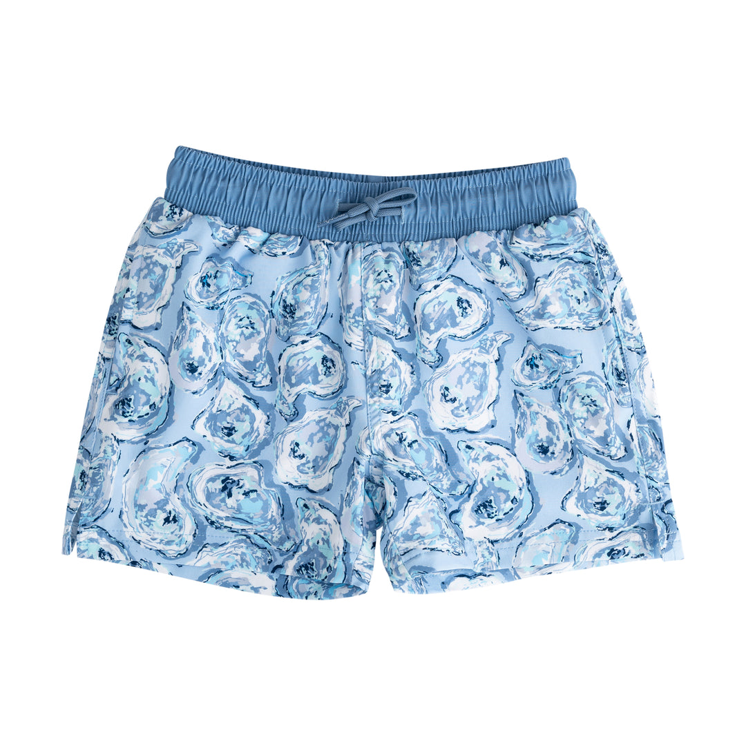 Blue swim shorts with a oyster half shell pattern on a white background
