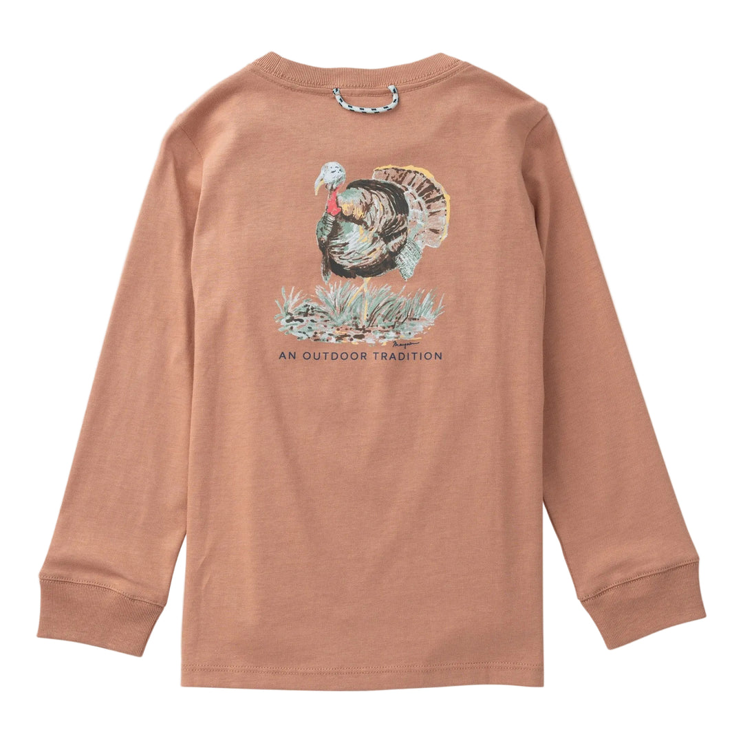Brown long-sleeve shirt with a turkey graphic on a light gray background