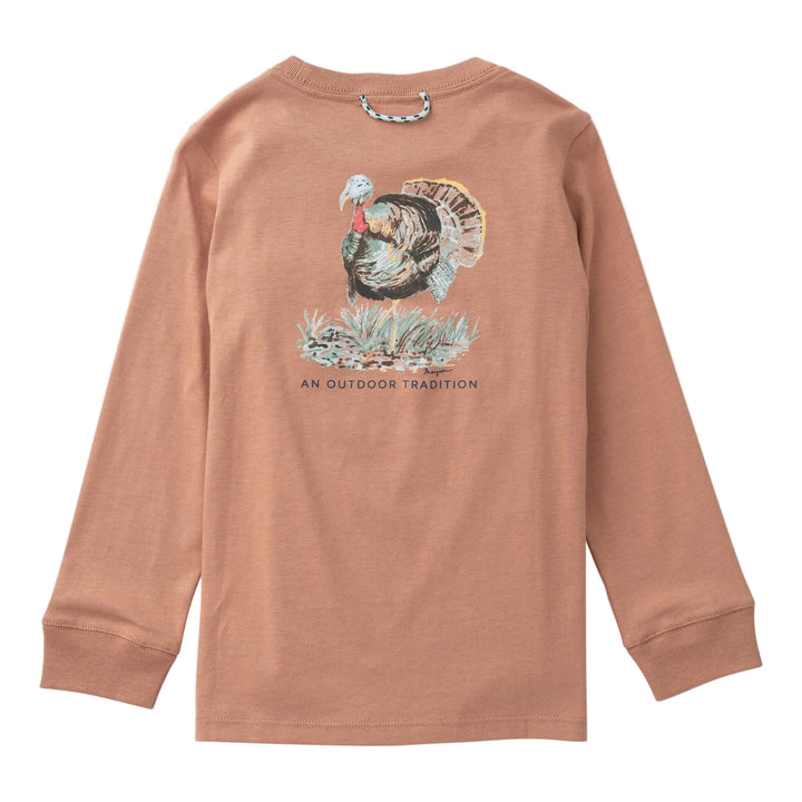 Brown long-sleeve shirt with a turkey graphic on a light gray background