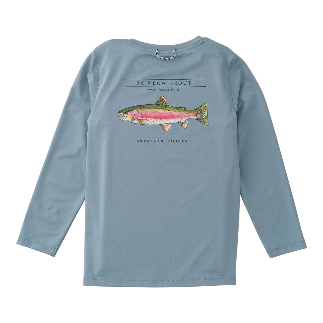 Blue long-sleeve shirt with a rainbow trout graphic on a light gray background