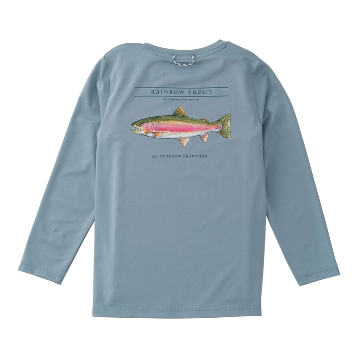 Blue long-sleeve shirt with a rainbow trout graphic on a light gray background