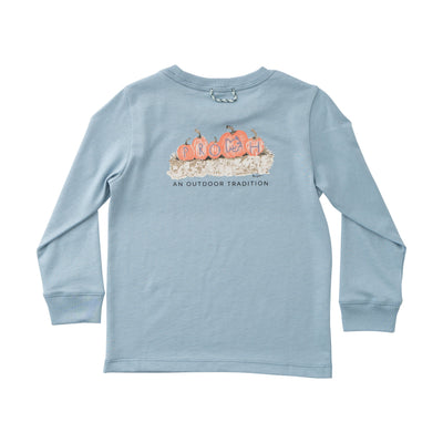 Light blue long-sleeve shirt with a pumpkin design on the back against a white background