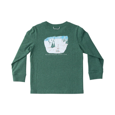 Green long-sleeve shirt with a graphic design on a white background
