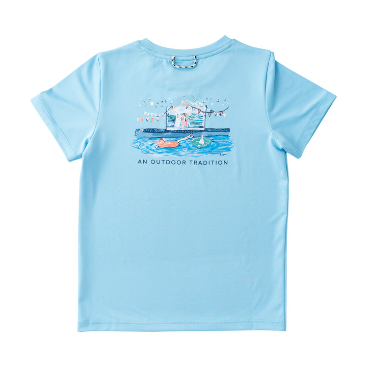 Light blue t-shirt with a graphic design on the back against a white background