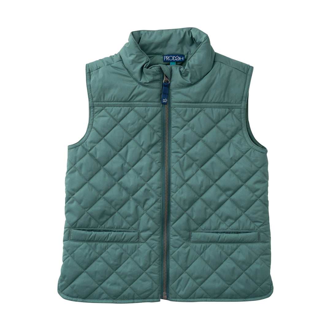 A teal green quilted puffer vest with a stand-up collar and front zipper, shown flat on a white background. The brand name &