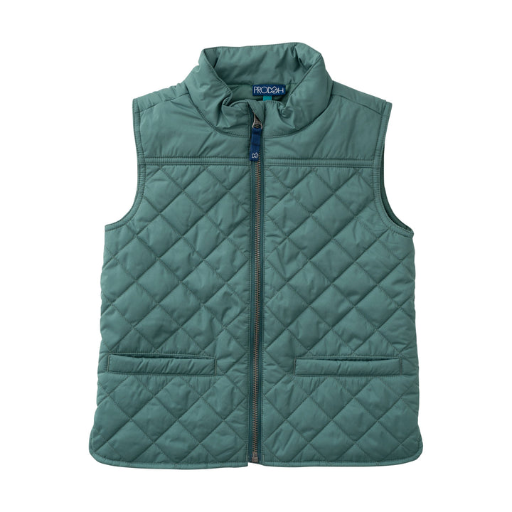 A teal green quilted puffer vest with a stand-up collar and front zipper, shown flat on a white background. The brand name &
