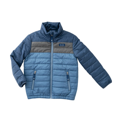 boy puffer jacket in blue and grey