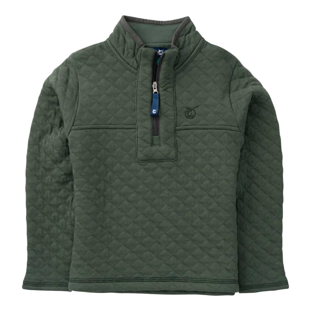 Green quilted pullover with a zipper on a light gray background
