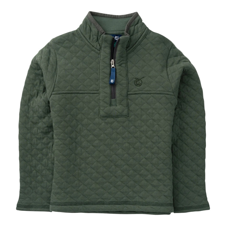 Green quilted pullover with a zipper on a light gray background
