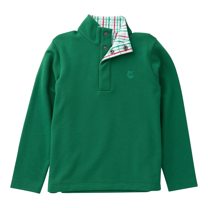Green pullover with plaid collar on a light gray background