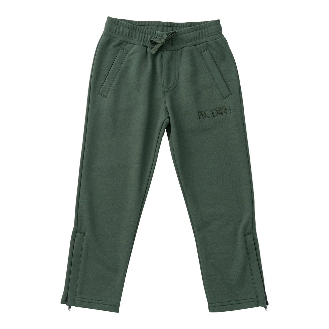 Green sweatpants with a brand logo on a light gray background