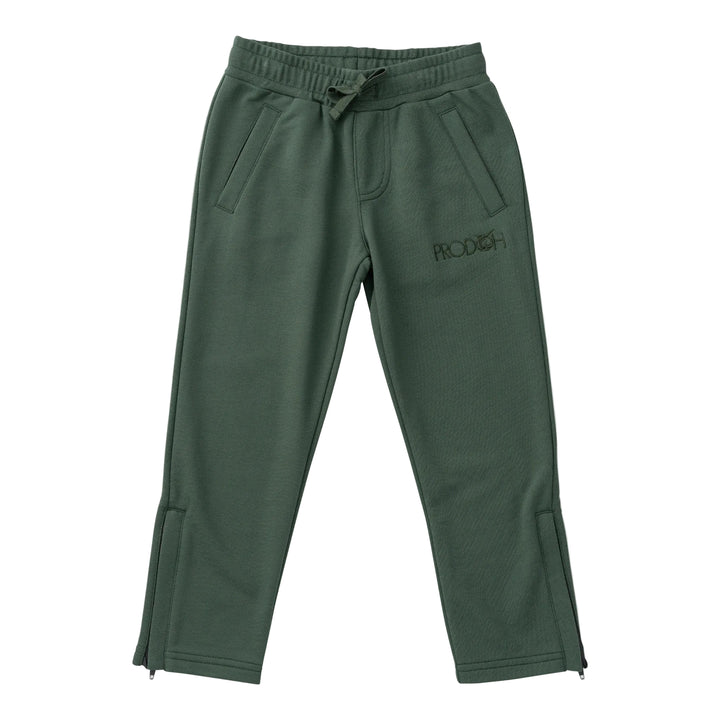 Green sweatpants with a brand logo on a light gray background