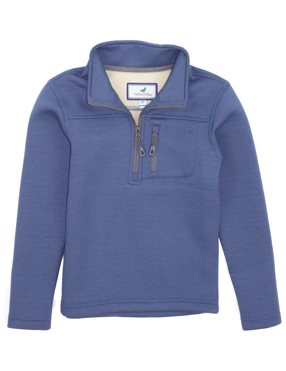 Blue pullover with a brand logo on a white background