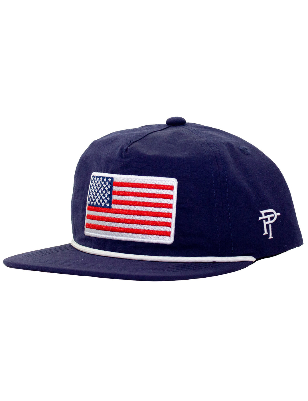 Navy blue cap with American flag patch on a white background