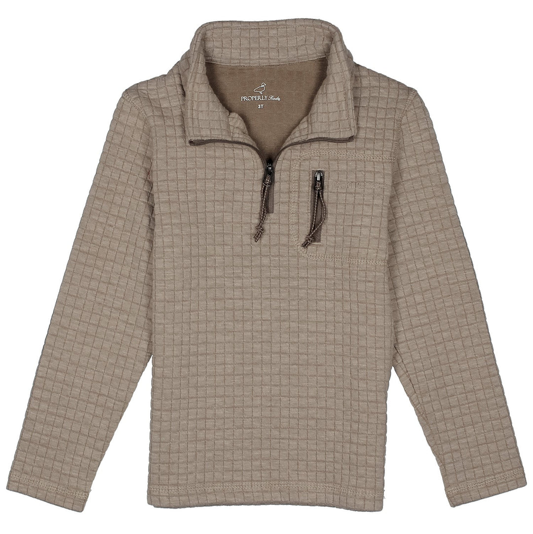 A long-sleeve quarter-zip pullover fleece in a textured beige and brown grid pattern, featuring a stand-up collar and a vertical zippered pocket on the left chest.