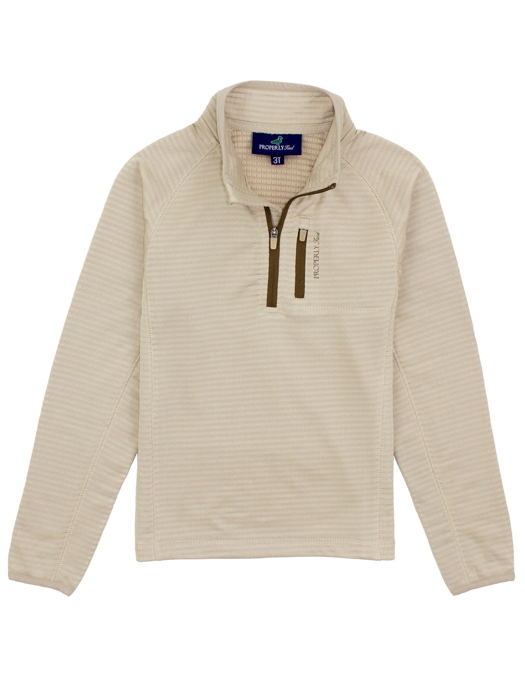 Beige pullover with a quarter-zip design on a white background