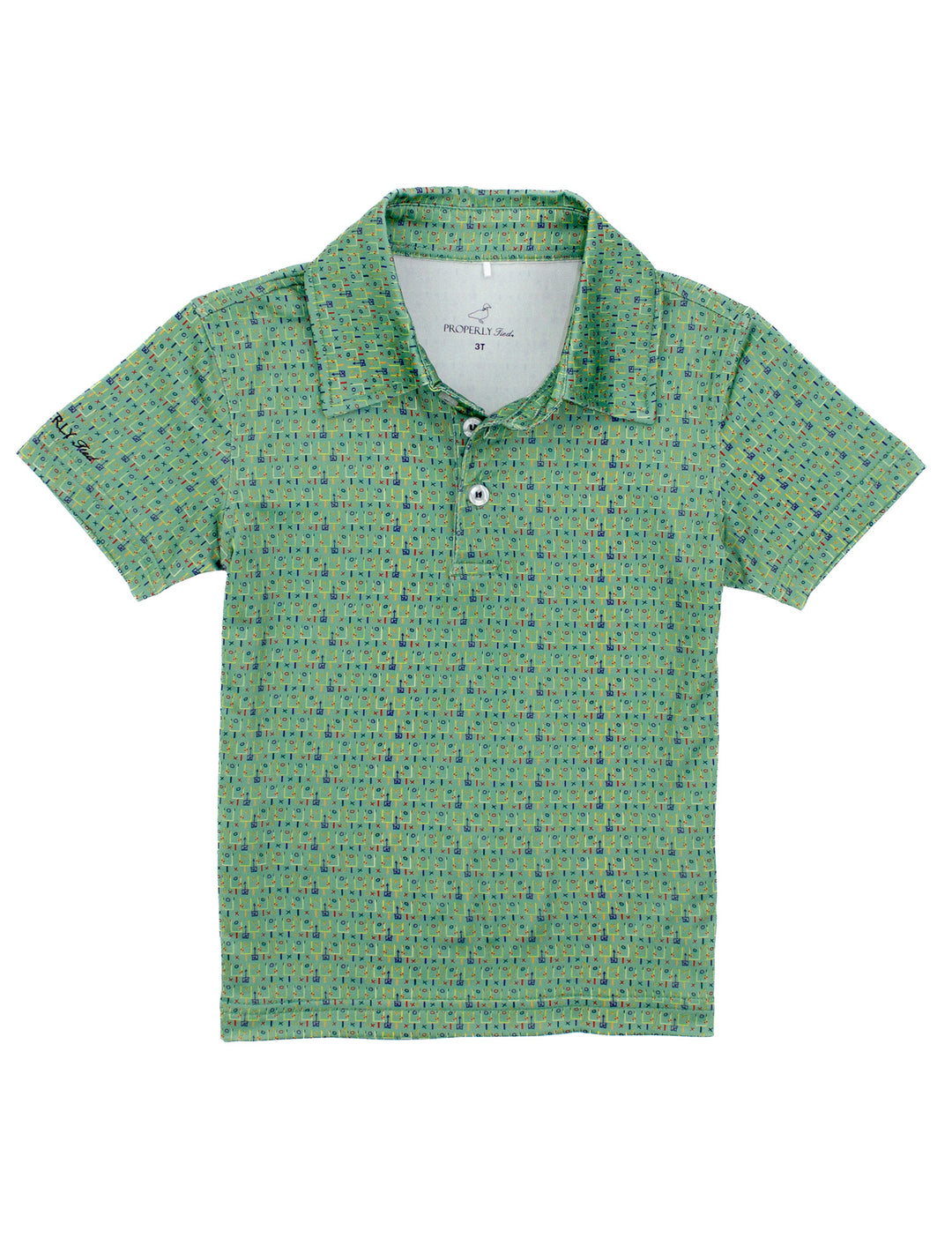 Green football patterned polo shirt on a white background