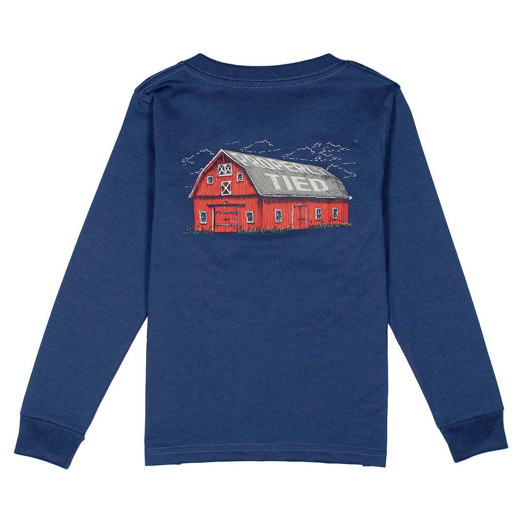 Blue long-sleeve shirt with a red barn graphic on the back against a white background