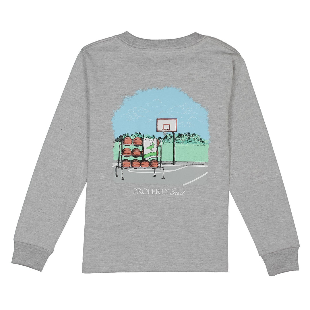 Gray long-sleeve shirt with a graphic of a basketball court and trees on the back, displayed on a white background.