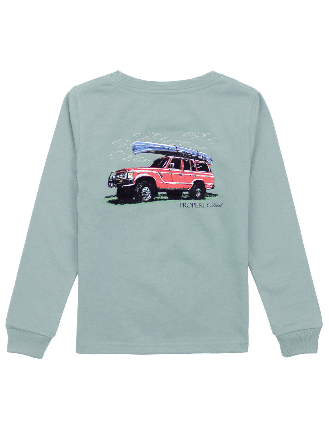Light blue long-sleeve shirt with a graphic of a red truck and kayak on a white background