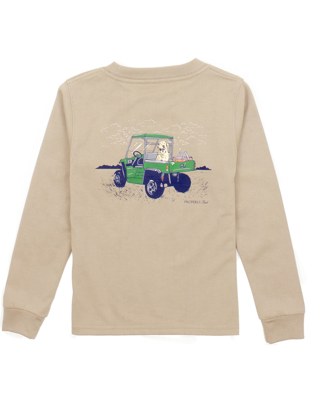 Beige long-sleeve shirt with a graphic of a vintage car on the back, on a white background.