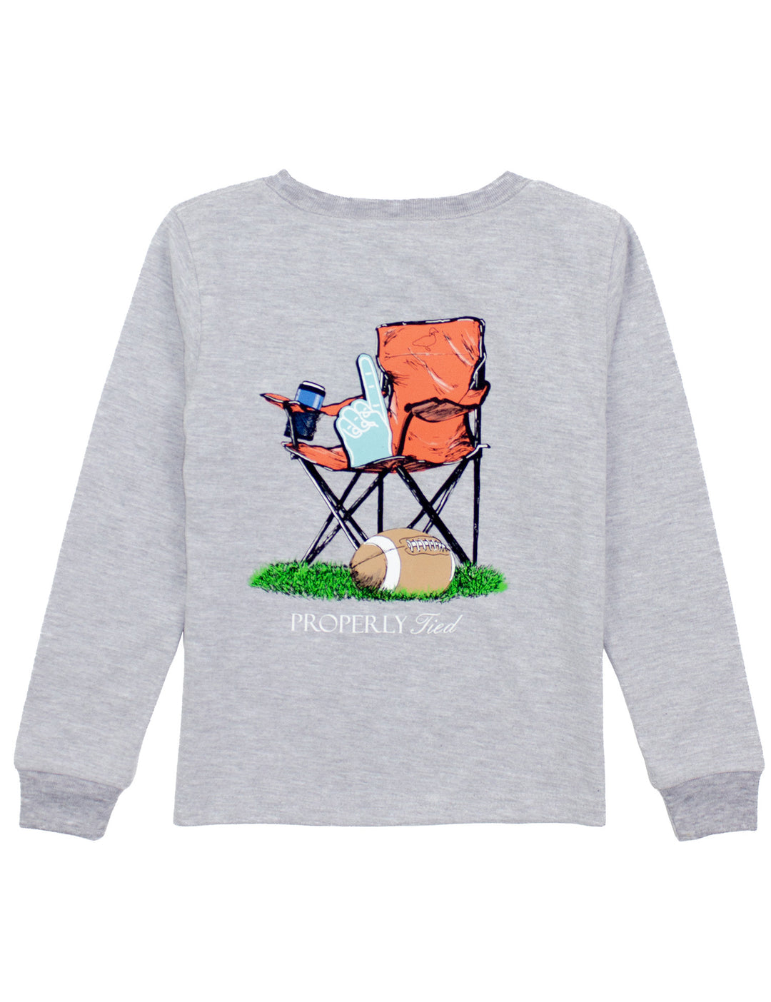 Gray shirt with a chair, cup, and football graphic on a white background
