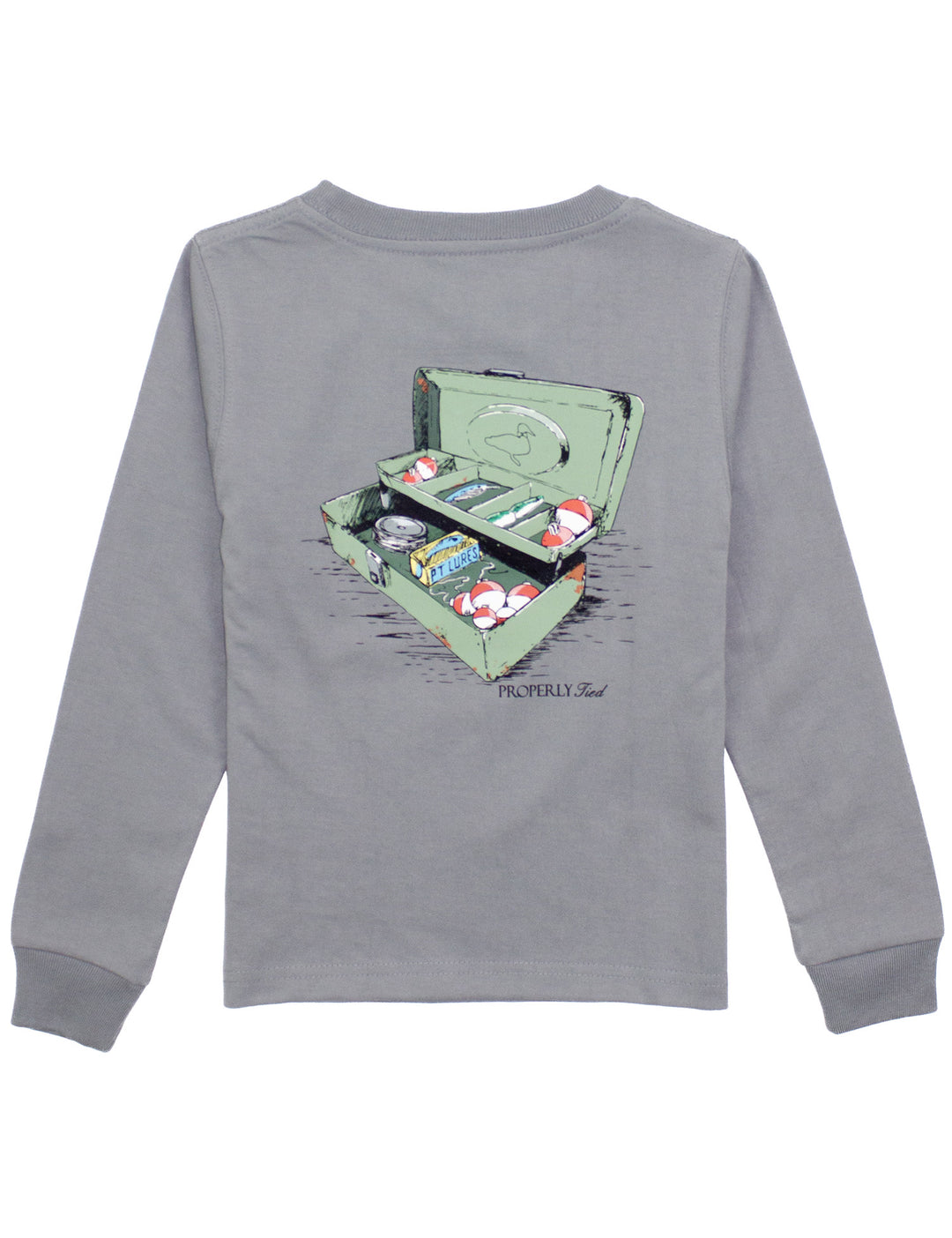 Gray long-sleeve shirt with a fishing tackle box graphic on the back against a white background