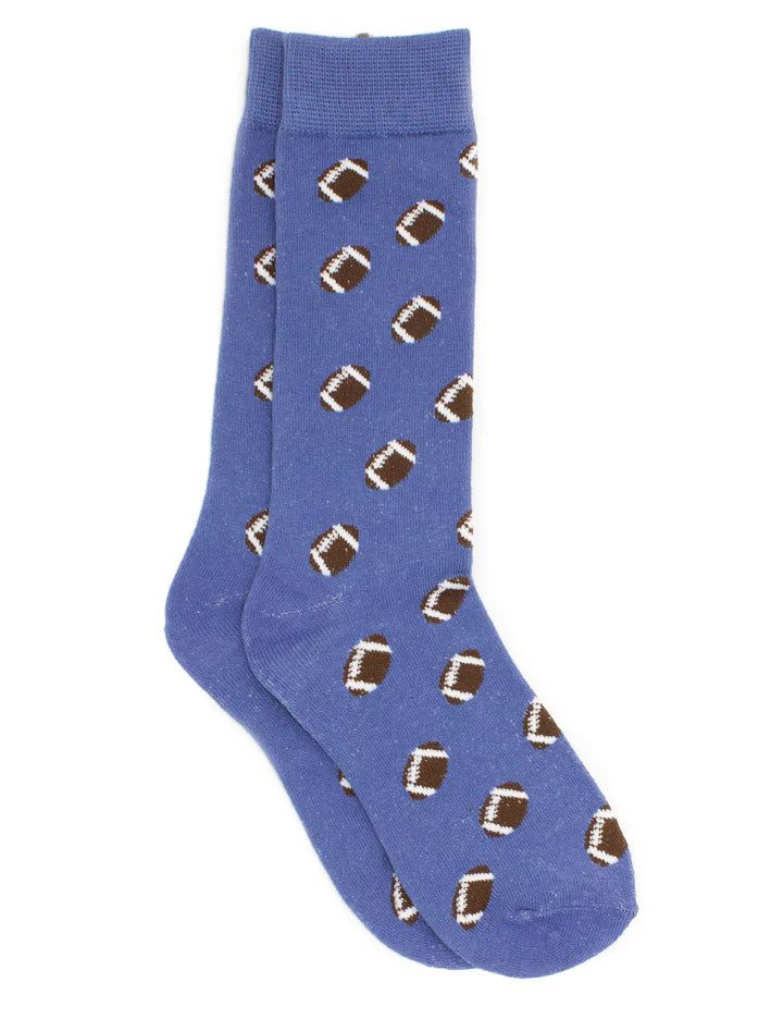 Blue sock with football pattern on a white background