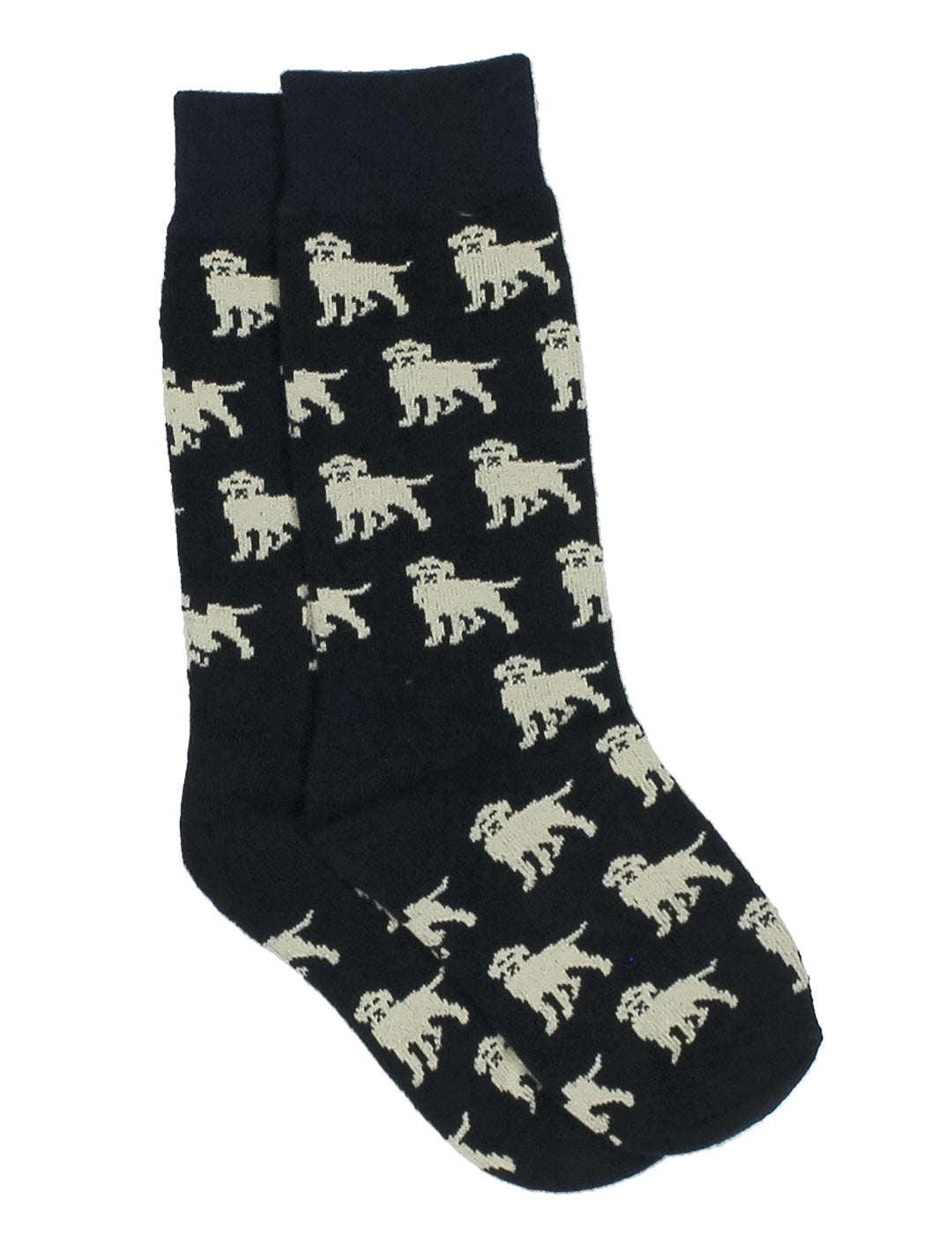Black socks with beige dog pattern on a white background