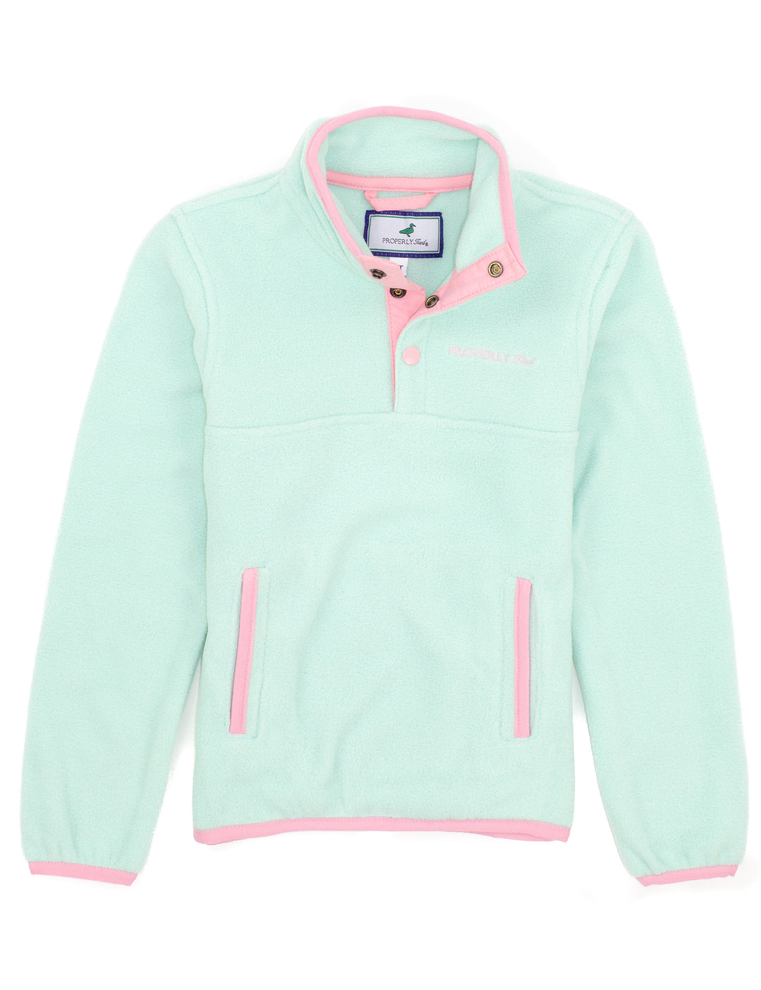 mint green fleece jacket with pink accents on a white background