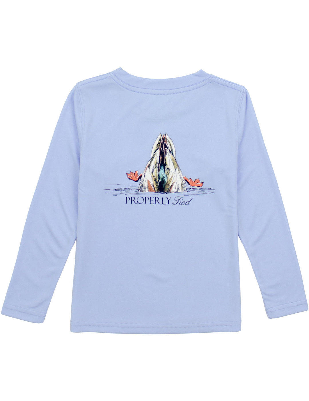 Light blue long-sleeve shirt with a mountain graphic and 'Properly Tied' text on a white background