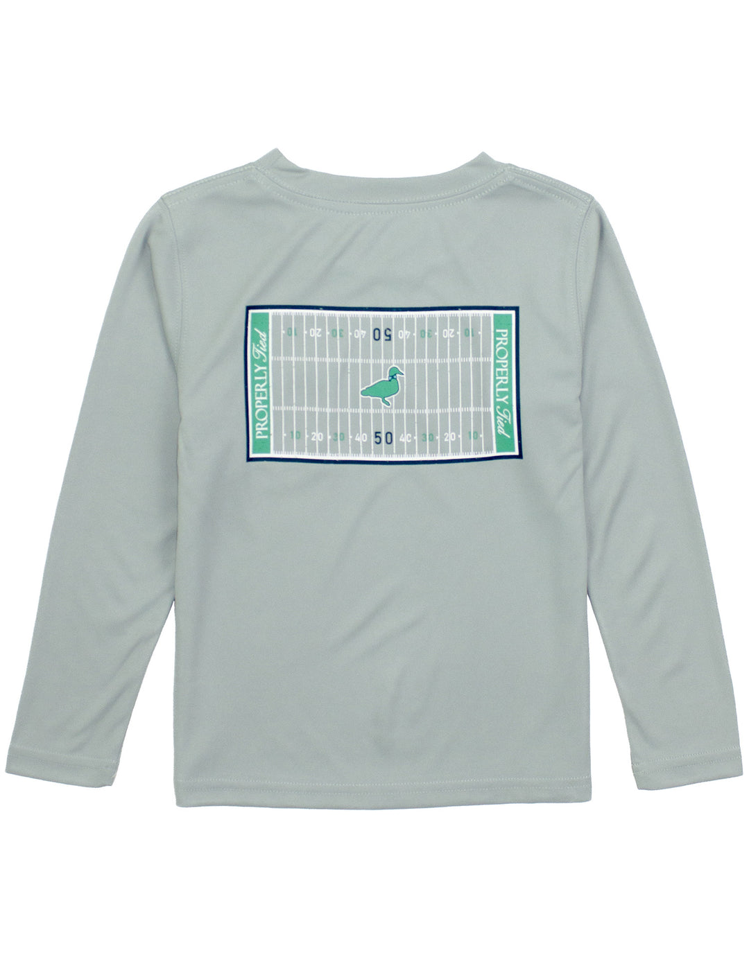 Light gray long-sleeve shirt with a football field graphic on the back against a white background