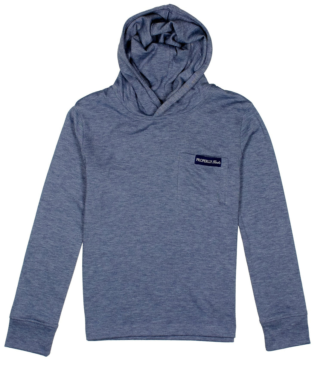 Blue hoodie with a small logo on a white background