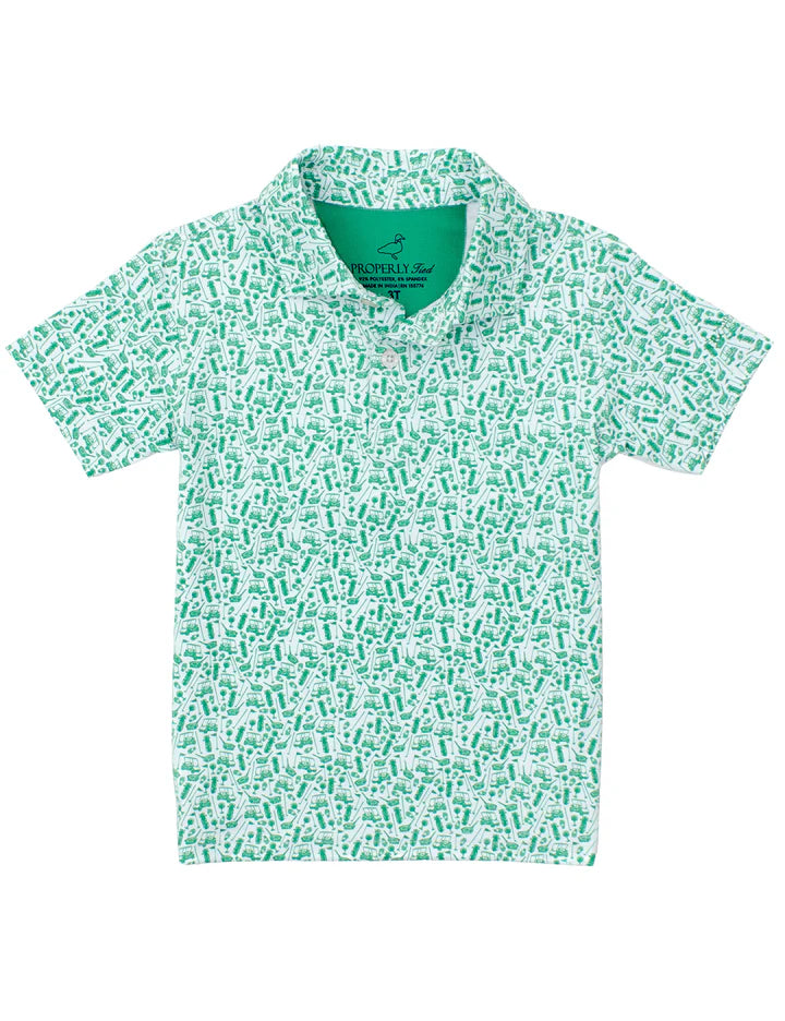 Green patterned polo shirt on a white background