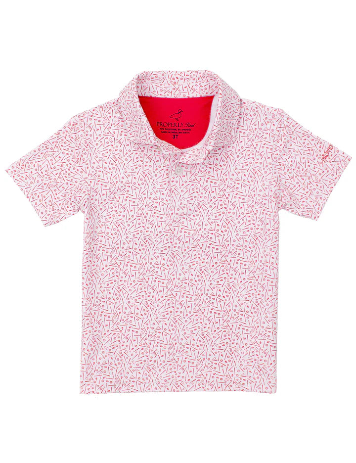 Red patterned polo shirt with a red interior on a white background