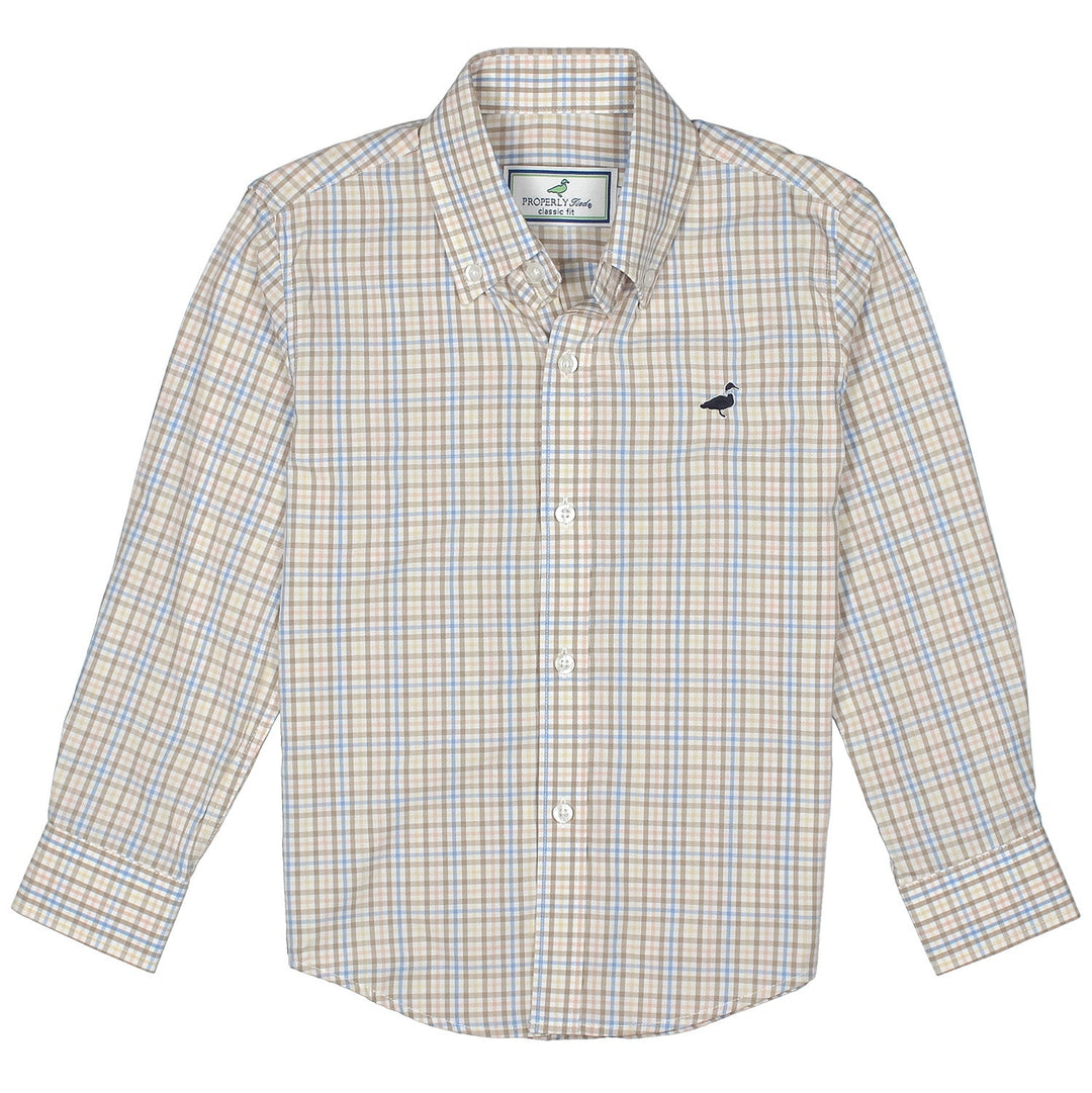 Plaid shirt with a brand logo on a white background