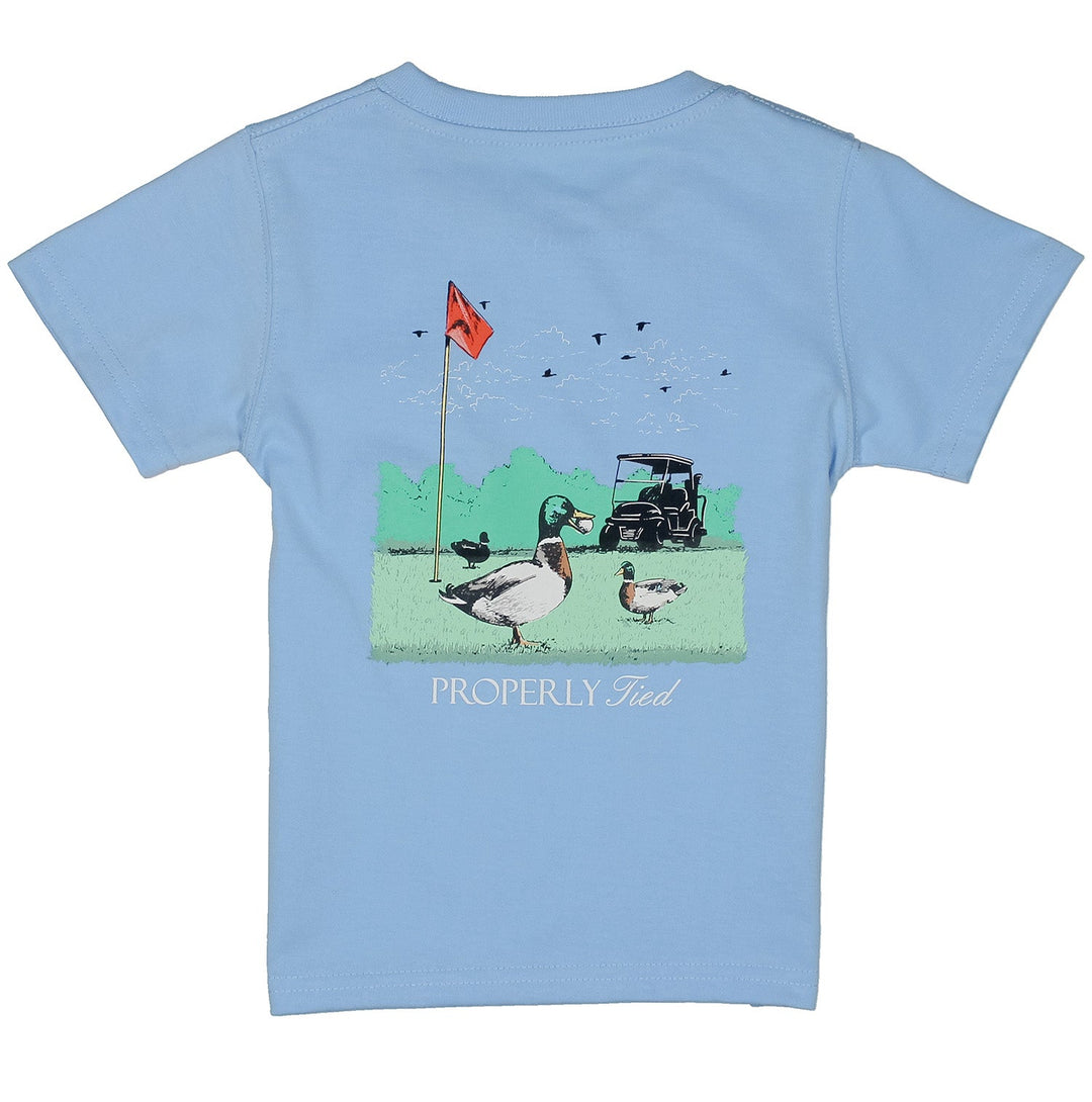 Light blue t-shirt with a golf-themed graphic on the back, featuring ducks and a golf cart.