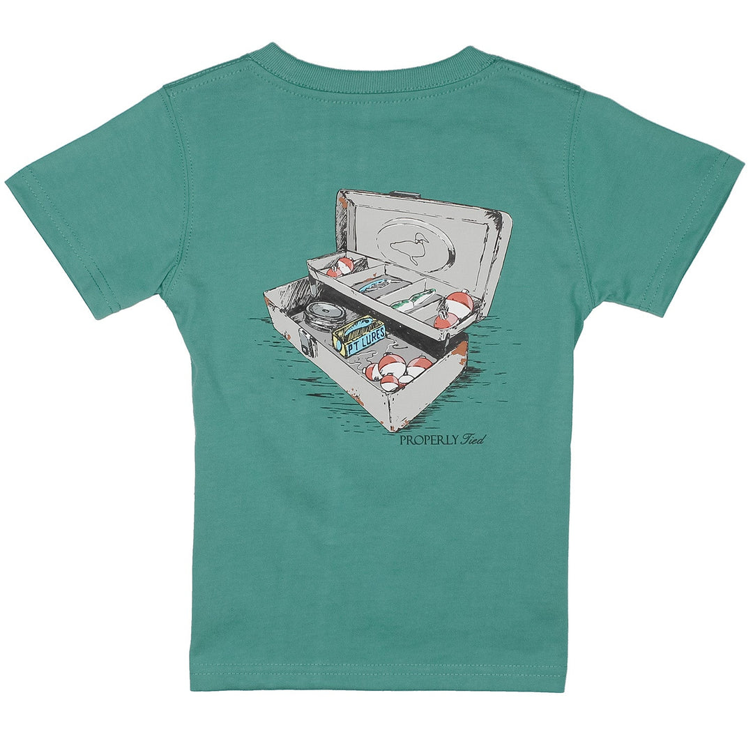 Teal t-shirt with a graphic of a tackle box on the back, on a white background.