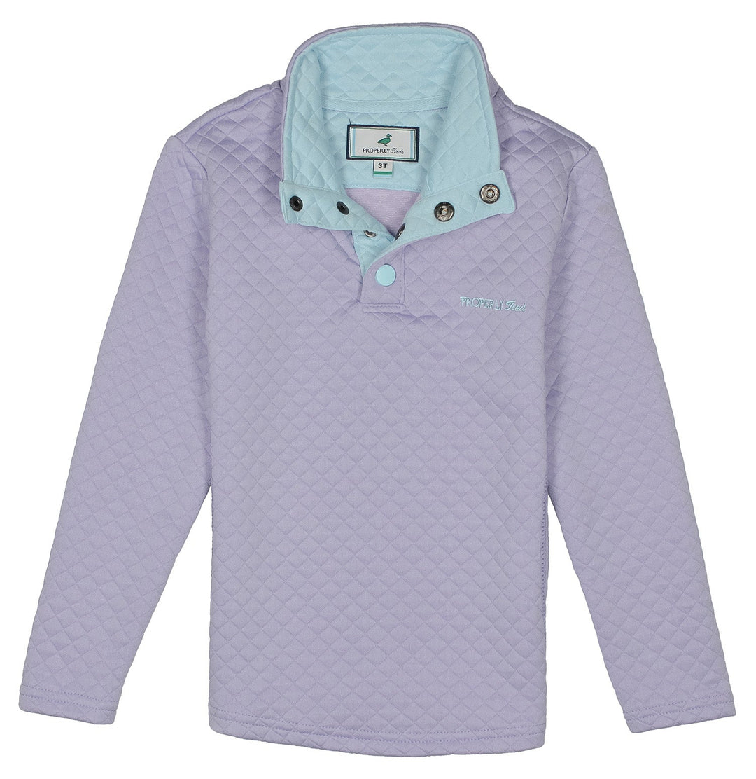 Quilted jacket with a light blue collar on a white background
