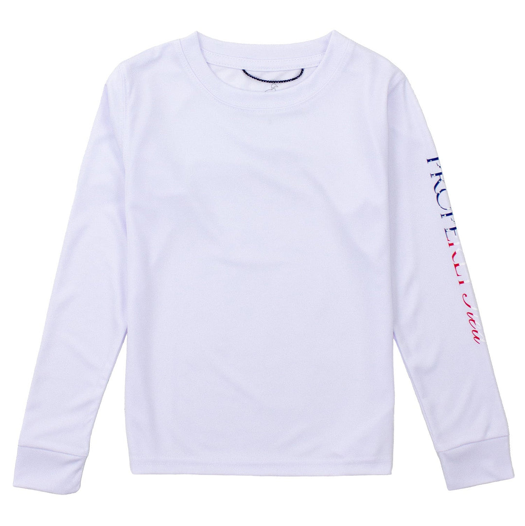 White long-sleeve shirt with red text on sleeves against a white background