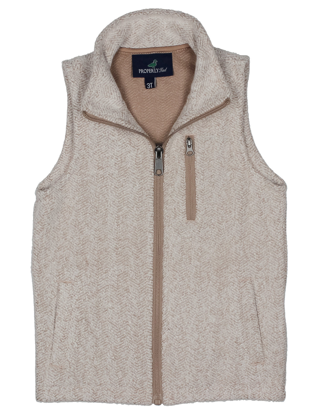 Beige fleece vest with a brand label on a white background