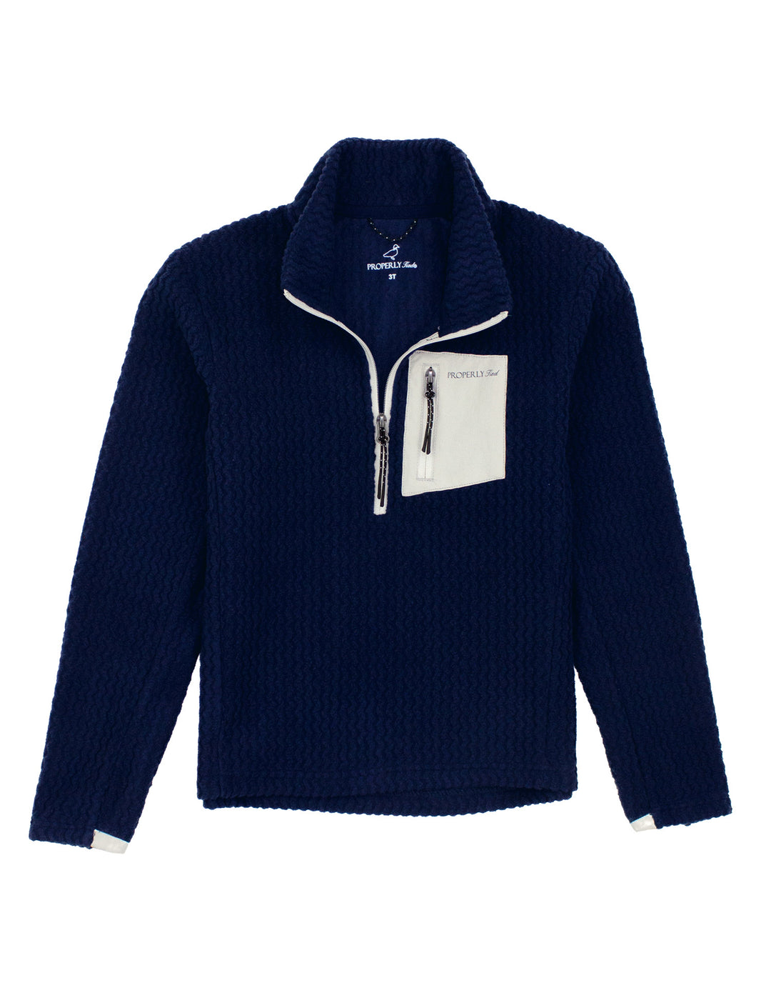 Navy blue pullover with a white pocket on a white background