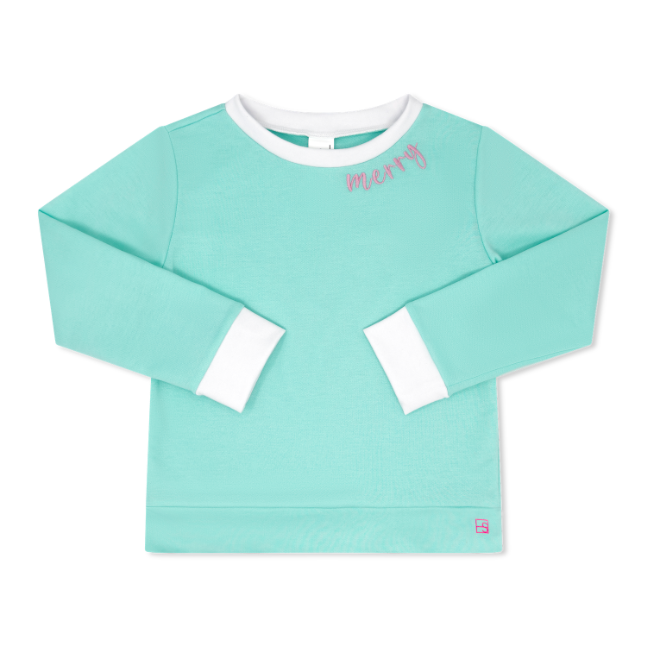 A mint green long-sleeve sweatshirt for toddlers, featuring white ribbed collar and cuffs, with pink embroidered text on the chest reading &