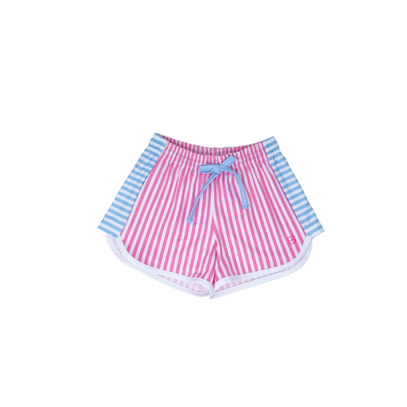 Pink and blue striped shorts with a bow on a white background